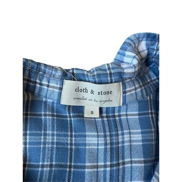 Anthropologie Cloth & Stone Woman’s Blue Plaid Flannel Shirt Button Front Fringe - Picture 4 of 7